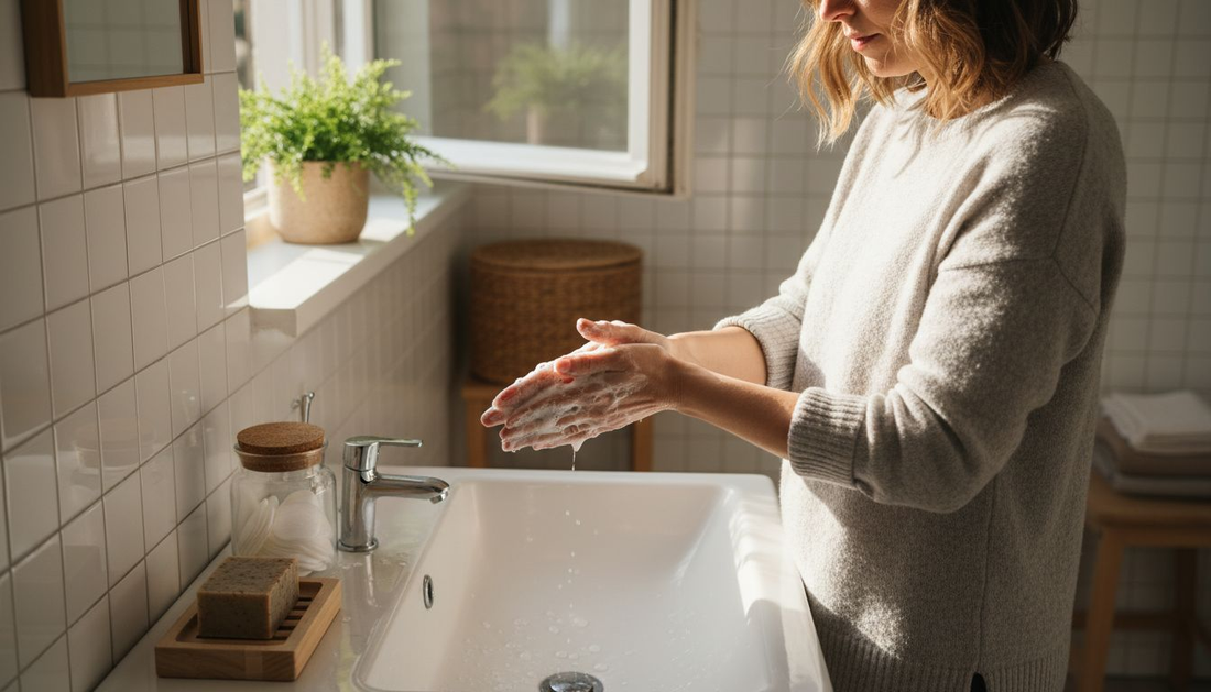 Een vrouw geniet van een stuk natuurlijke zeep terwijl het zonlicht de badkamer binnenvalt.