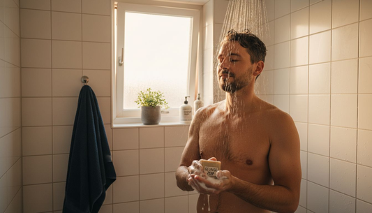 Een man geniet onder de douche van een luxe, heerlijk geurende zeep.