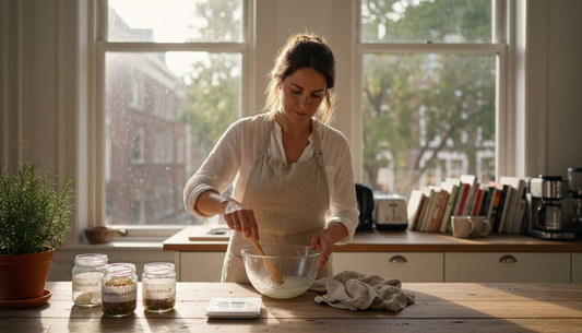 Aan haar keukentafel maakt een vrouw haar eigen natuurlijke zeep, gewoon met ingrediënten uit de voorraadkast.