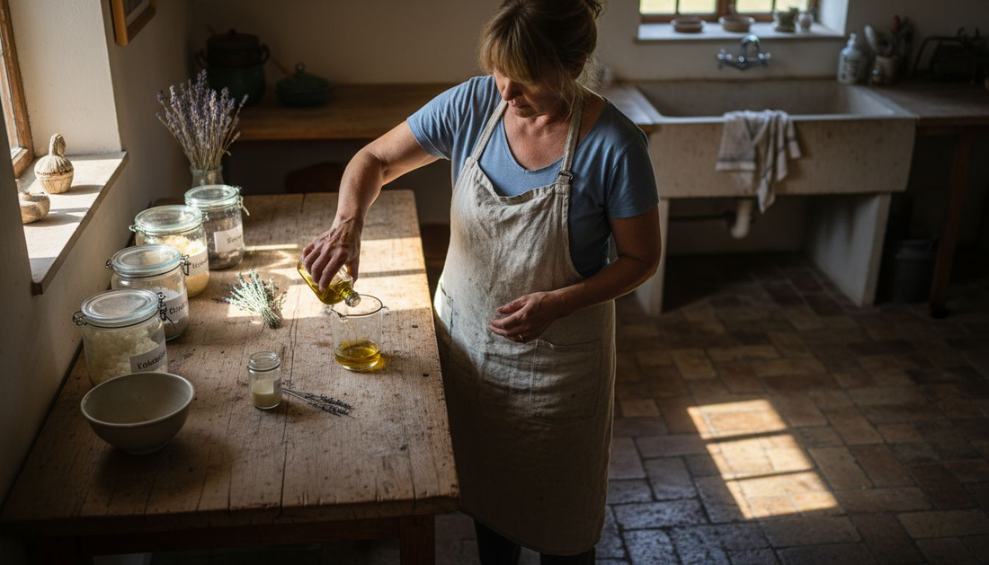 Een zeepmaker legt verse, natuurlijke ingrediënten klaar op de keukentafel om ambachtelijke zeep te maken.