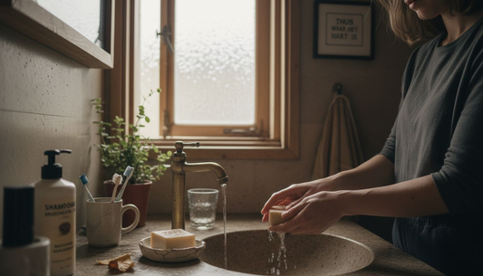Een vrouw staat in de badkamer haar handen te wassen met zeep.