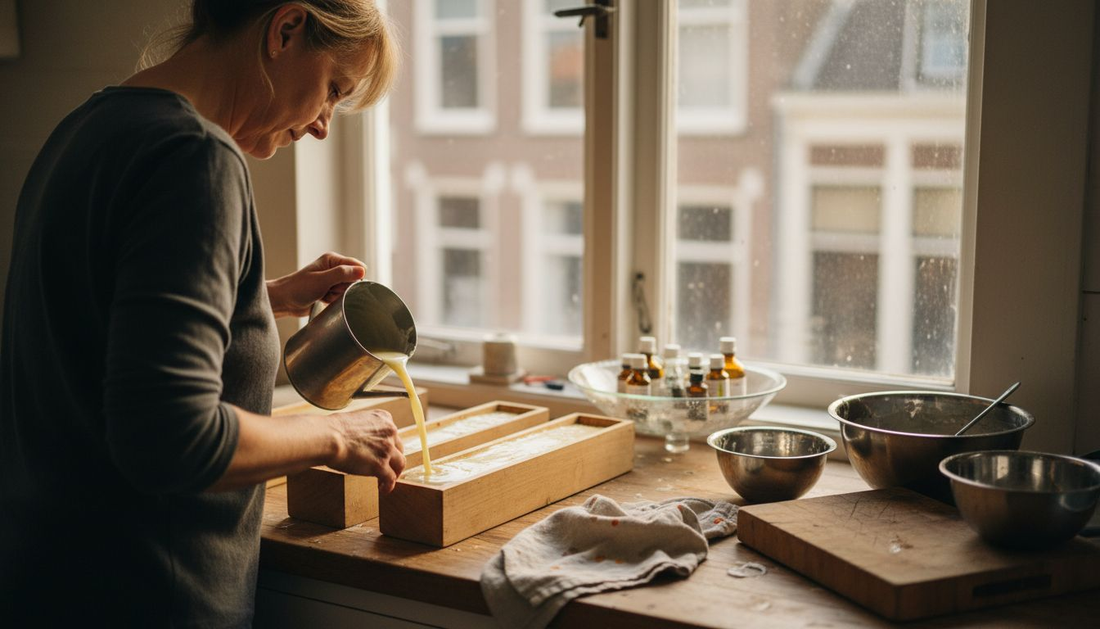 In haar eigen keuken staat een vrouw ambachtelijk zeep te maken.