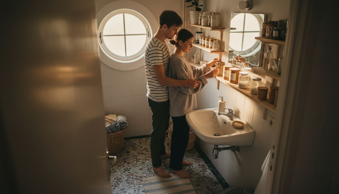 Een stel dat samen duurzame producten voor de badkamer uitzoekt.