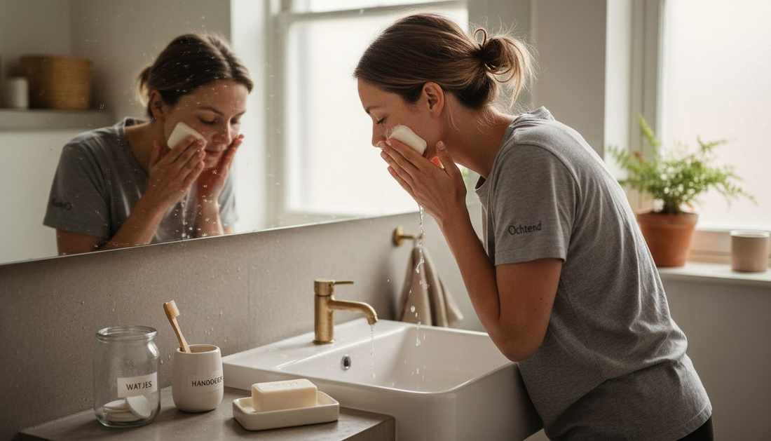 Vrouw die kiest voor plasticvrije verzorgingsproducten in de badkamer