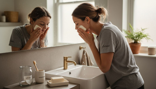 Vrouw die kiest voor plasticvrije verzorgingsproducten in de badkamer