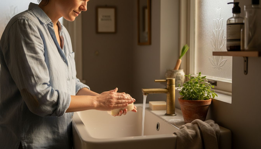 Een vrouw wast haar handen met een stuk natuurlijke zeep.