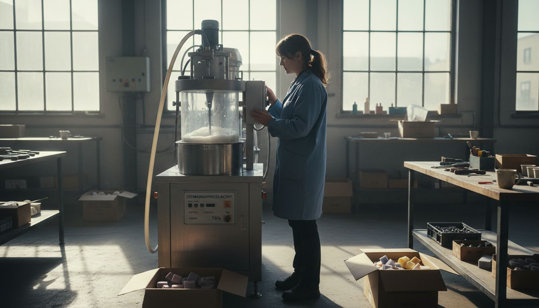 Een monteur voert een inspectie uit aan een milieuvriendelijke zeepmachine.