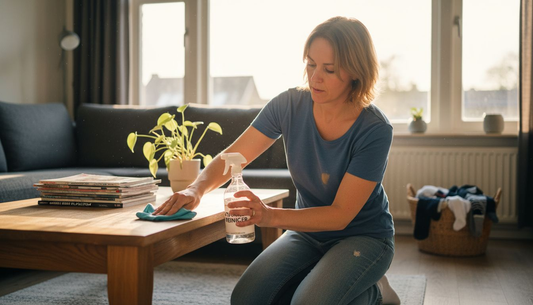 Een vrouw maakt de tafel schoon met milieuvriendelijke schoonmaakmiddelen.
