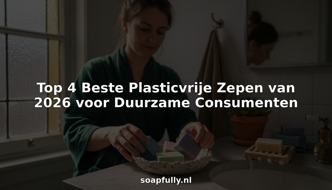 Een vrouw zet in haar badkamer zorgvuldig een aantal plasticvrije zeepjes op een rij.