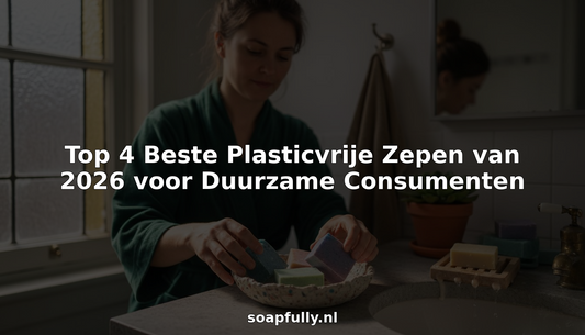 Een vrouw zet in haar badkamer zorgvuldig een aantal plasticvrije zeepjes op een rij.