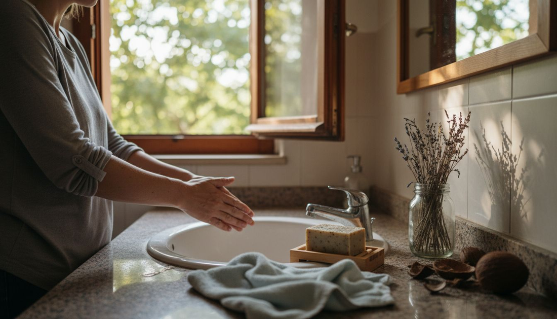 Een vrouw die haar huid verzorgt met een milieuvriendelijke, natuurlijke zeep.