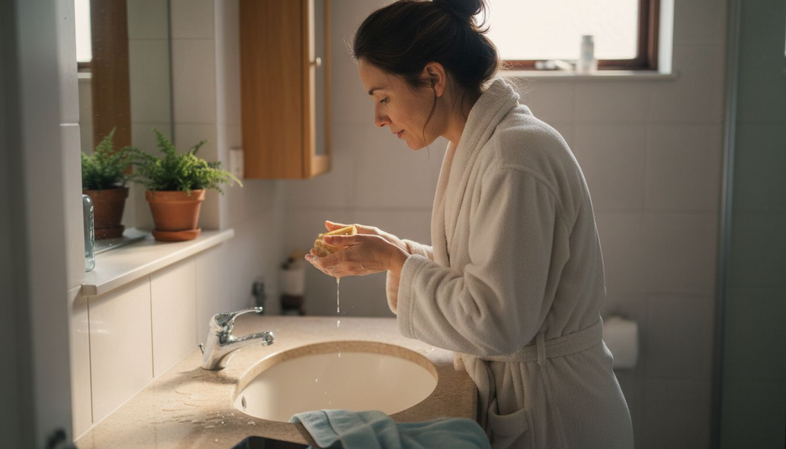 Een vrouw begint haar dag fris met een natuurlijke zeep in de badkamer.