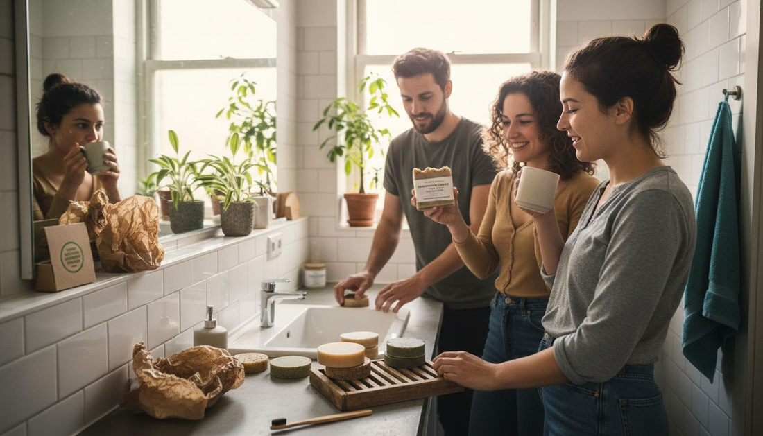 Jonge volwassenen kiezen bewust voor duurzame zeep in hun fris ingerichte badkamer.