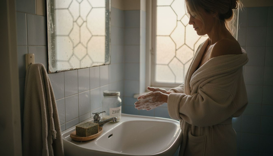Een vrouw wast haar handen met milieuvriendelijke zeep bij de wastafel in de badkamer.
