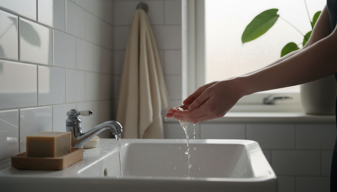 Een vrouw wast haar handen met een stuk biologische zeep bij de wasbak.
