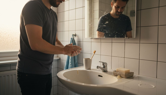 Een man wast zich met zeep in een compacte badkamer.