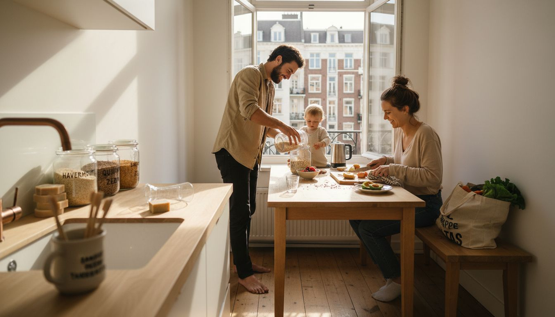 In dit gezin staat een plasticvrije keuken centraal: ze kiezen bewust voor duurzame alternatieven in hun dagelijkse kook- en eetgewoonten.