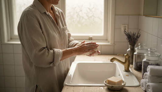 Een vrouw geniet van haar douche in een duurzame badkamer, waar ze kiest voor een natuurlijke zeep.
