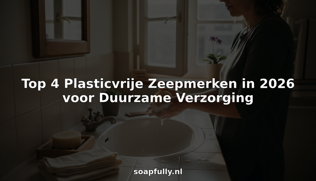 Een vrouw die in de badkamer een stuk zeep zonder plastic verpakking gebruikt.