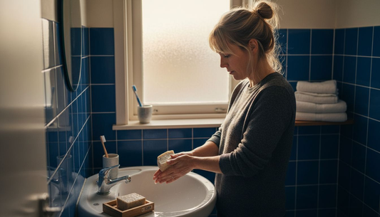Een vrouw wast haar handen met een zeep zonder plastic.