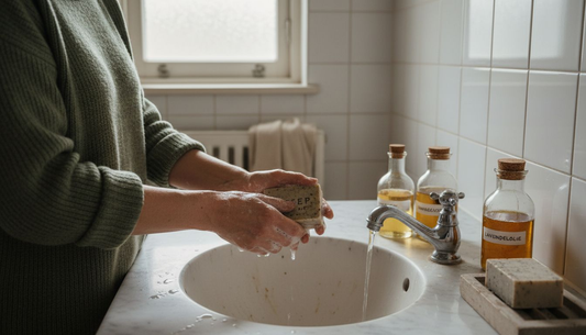 Een vrouw wast haar handen met een stuk biologische zeep.
