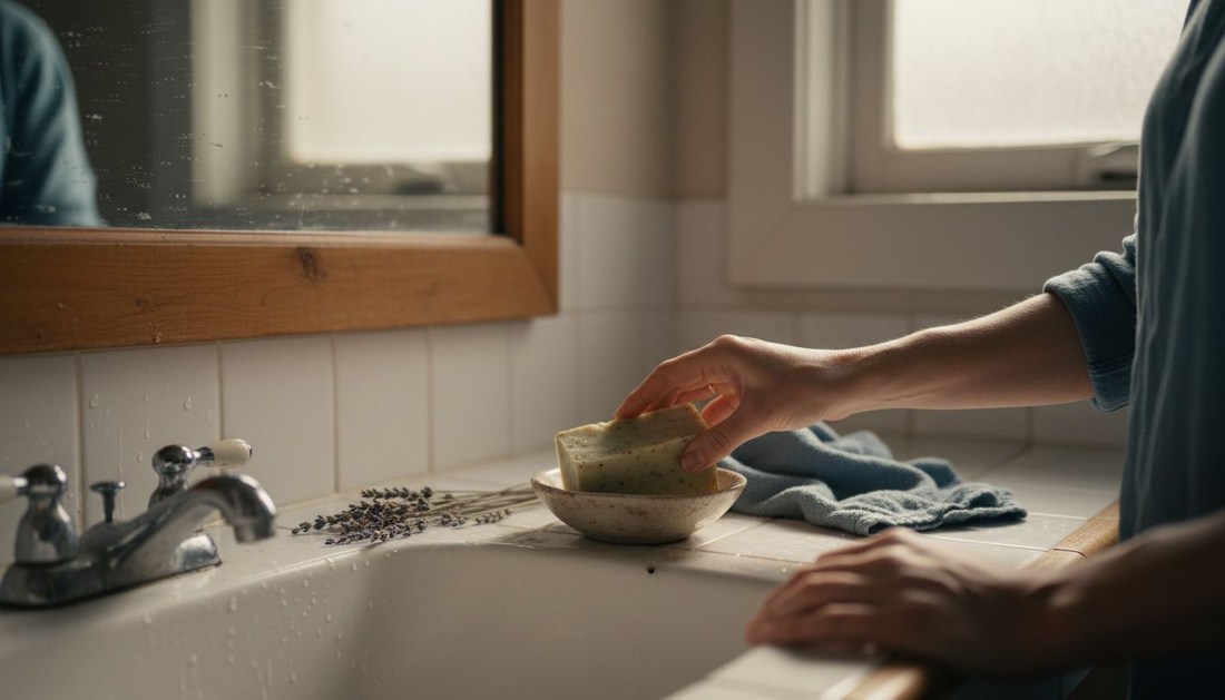 Een vrouw staat in de badkamer en twijfelt welk stuk natuurlijke zeep ze zal gebruiken.