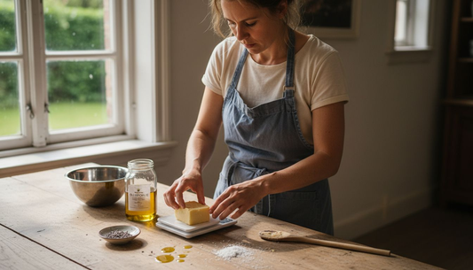 Op het aanrecht liggen de natuurlijke ingrediënten klaar om tot zeep verwerkt te worden.