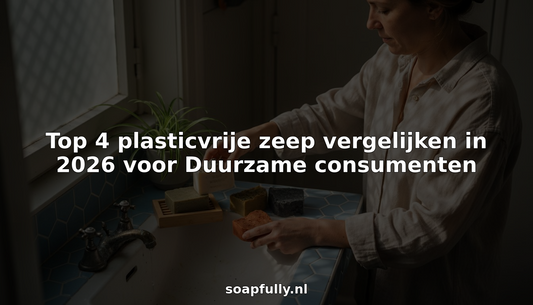 Een Nederlandse vrouw is bezig haar collectie plasticvrije zeepjes netjes te ordenen in de badkamer.