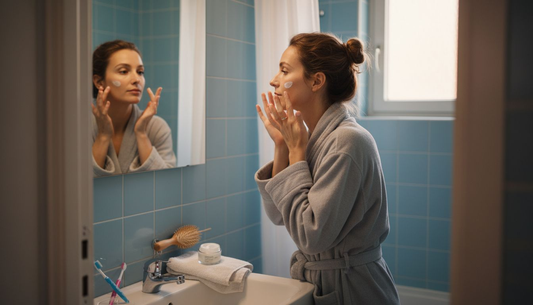 Een vrouw brengt in de badkamer een crème zonder parabenen aan op haar gezicht.