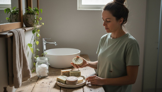 Een vrouw bekijkt aandachtig een aantal zeepjes zonder palmolie, terwijl ze de ingrediëntenlijst inspecteert om zeker te weten dat ze een bewuste keuze maakt.