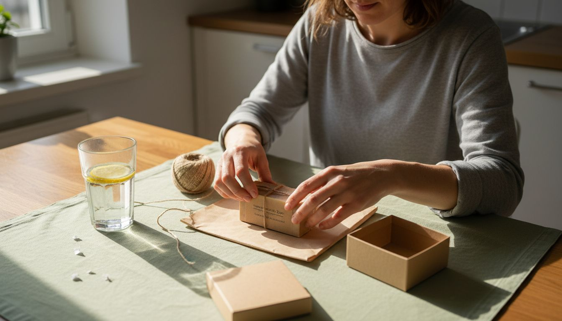 Op tafel ligt een zeepblokje, mooi verpakt in een duurzaam cadeaudoosje.
