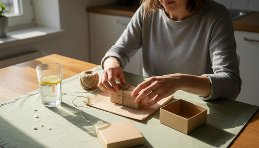 Op tafel ligt een zeepblokje, mooi verpakt in een duurzaam cadeaudoosje.