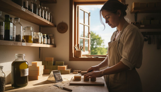 Een zeepmaker snijdt met zorg handgemaakte, duurzame zeep in stukken.