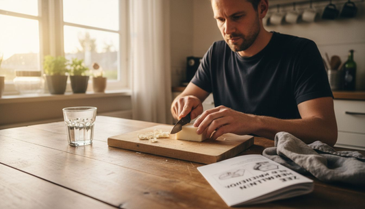 In de keuken staat een man zeep te snijden op een snijplank.