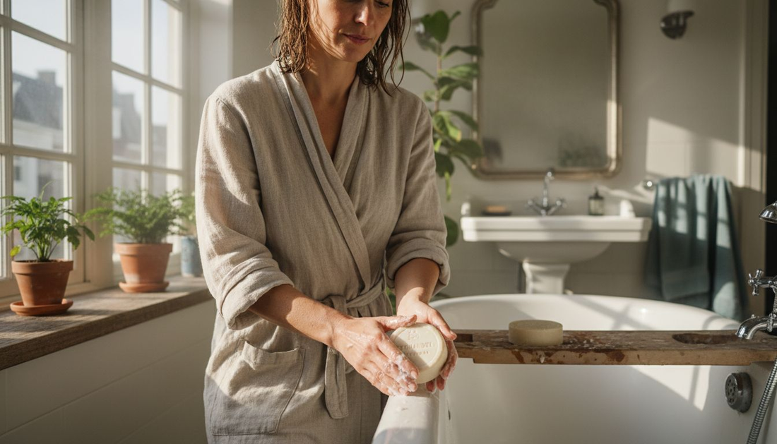Een vrouw wast haar handen met een stuk zeep in een stijlvolle badkamer.