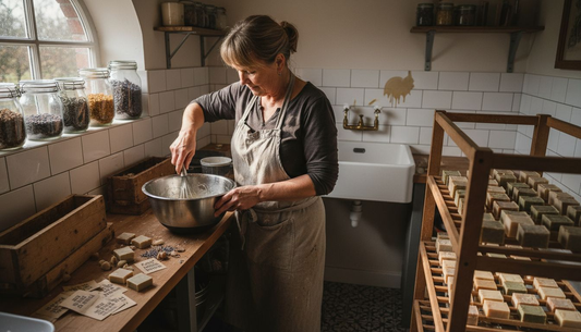 In zijn atelier staat de zeepmaker geconcentreerd verschillende oliën te mengen, op zoek naar de perfecte samenstelling voor een nieuwe zeep.