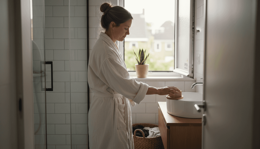Een vrouw staat in de badkamer en kiest bewust voor een zeep zonder plastic verpakking.
