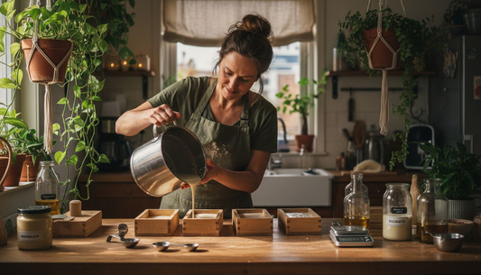 Een vrouw is in haar keuken bezig met het maken van ambachtelijke zeep volgens de koude methode.