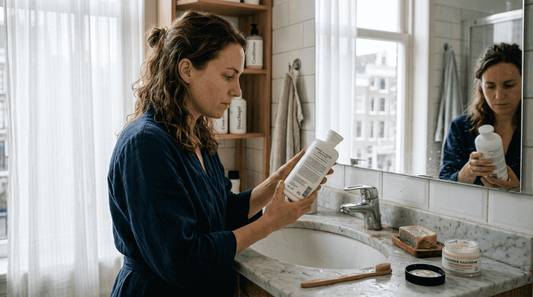 Een vrouw staat bij de wastafel in de badkamer en bestudeert aandachtig de ingrediëntenlijst van een beautyproduct.
