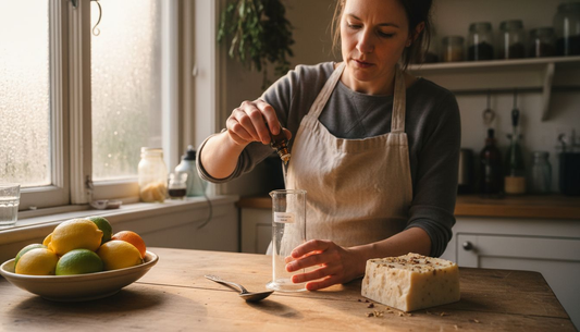 De zeepmaker voegt een paar druppels etherische olie toe aan het mengsel.