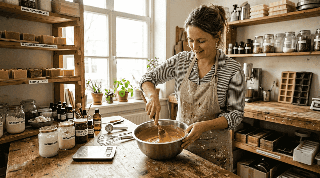 In haar werkplaats staat een vrouw met zorg fairtrade zeep te mengen.