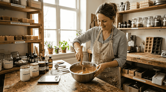 In haar werkplaats staat een vrouw met zorg fairtrade zeep te mengen.
