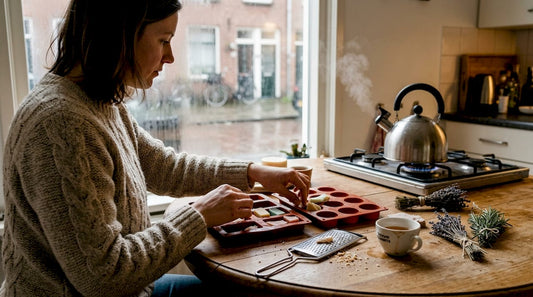 Aan de keukentafel zit een vrouw stukjes oude zeep te verzamelen en te sorteren.