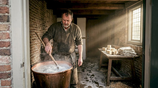Met zorg en vakmanschap staat de zeepmaker te roeren in een grote koperen ketel.