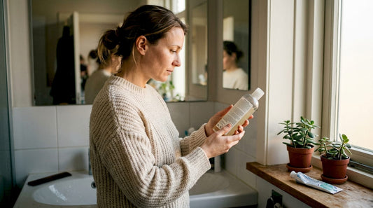 Een vrouw bekijkt in de badkamer aandachtig de ingrediëntenlijst op haar shampoofles.