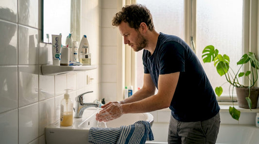 Een man staat zijn handen te wassen bij de wastafel in de badkamer.