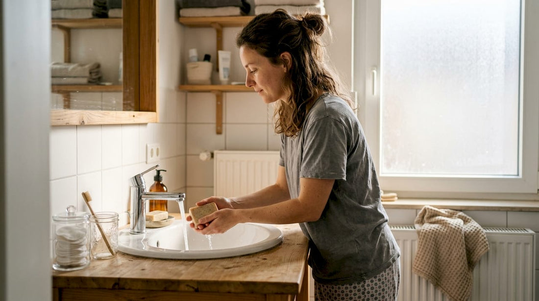 Een vrouw wast haar handen met een milieuvriendelijke zeep in een fris, licht badkamerinterieur.