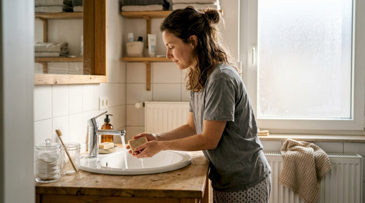Een vrouw wast haar handen met een milieuvriendelijke zeep in een fris, licht badkamerinterieur.