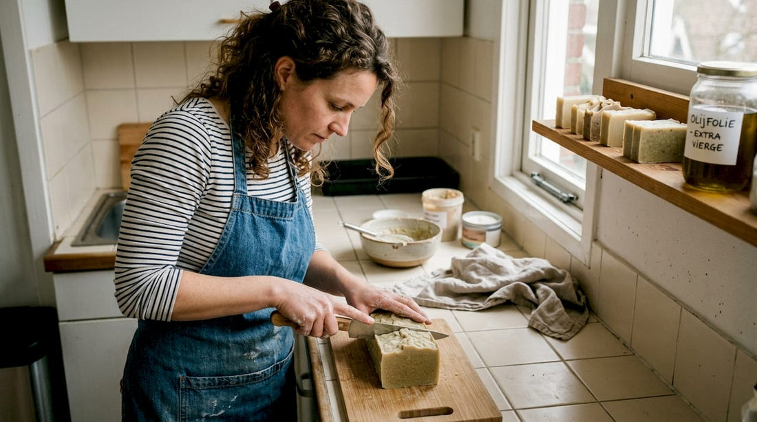 In de keuken snijdt een zeepmaker met de handgemaakte stukken zeep op maat.