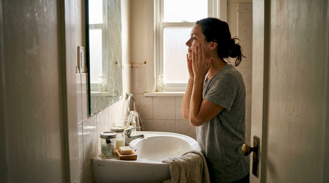 Een vrouw brengt in de badkamer een milieuvriendelijke gezichtscrème aan.